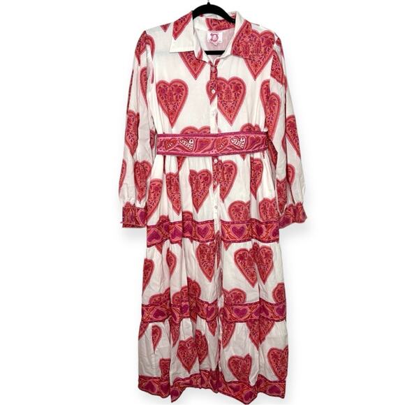 Victoria Dunn 100% cotton valentine's heart white and pink maxi dress size large - Picture 1 of 6